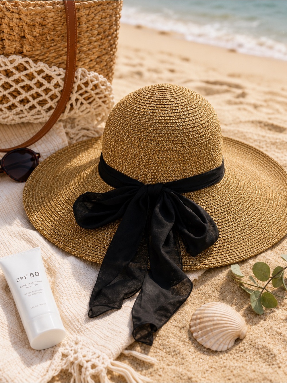 Rima Beach World Wide Brim Straw Sun Beach Hat Black Ribbon Women’s One Size